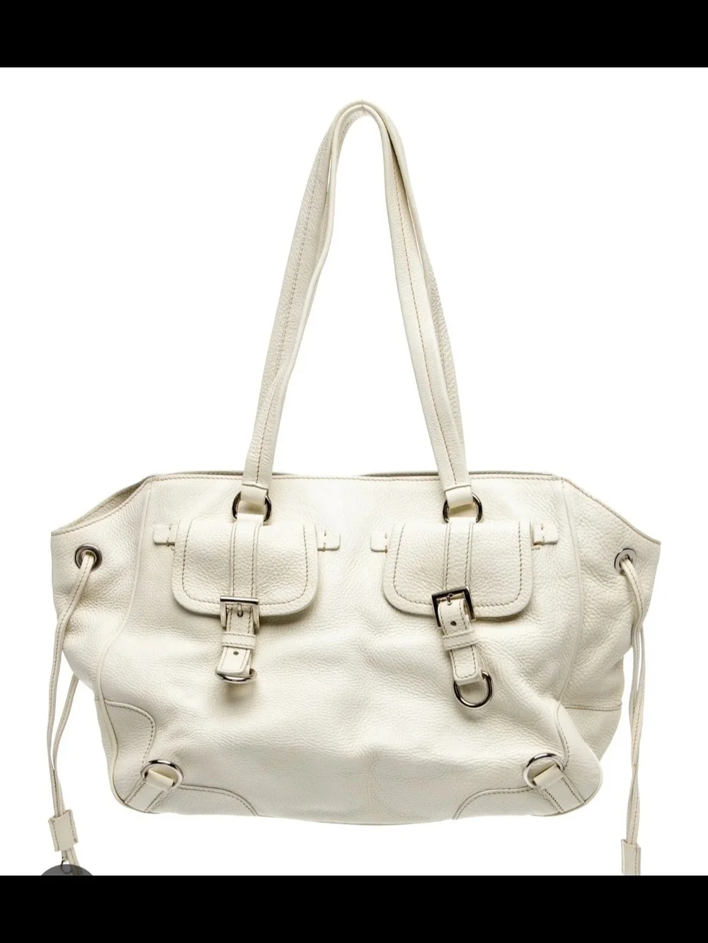 Prada Cream Leather Shoulder Tote with Buckle Flap Pockets
